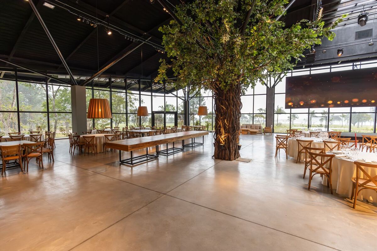 Salón de banquetes con árbol decorativo interior